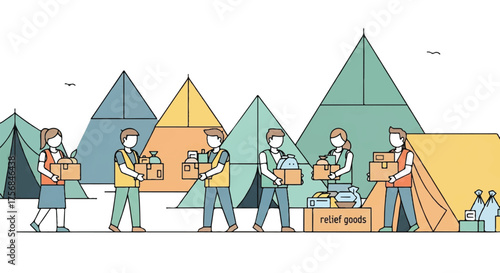 Relief work and aid distribution Volunteers helping at a disaster camp with supplies and tents