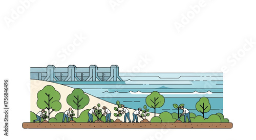 Vector illustration of a team working together to plant trees for environmental conservation near a water reservoir and dam