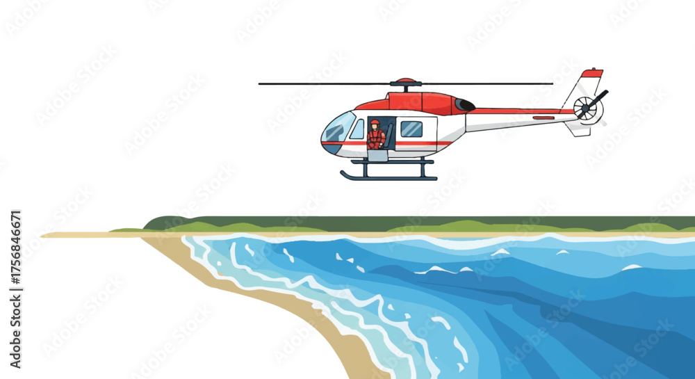 Fototapeta premium Vibrant vector illustration of a red and white helicopter gracefully flying along a picturesque sandy beach coastline above the clear blue ocean, symbolizing air travel and coastal exploration