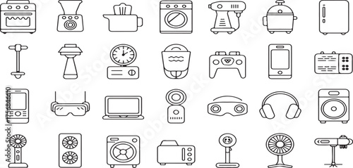 Home appliance icons, electronic gadgets, kitchen equipment, household devices, outline icons, line vector, thin line art, washing machine, toaster, microwave oven, refrigerator, vector illustration 
