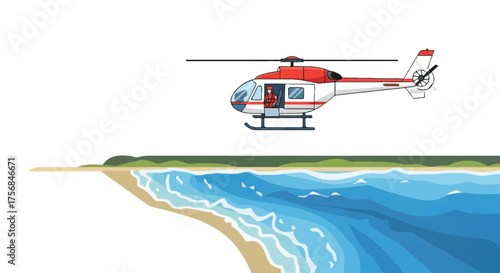 Vibrant vector illustration of a red and white helicopter gracefully flying along a picturesque sandy beach coastline above the clear blue ocean, symbolizing air travel and coastal exploration