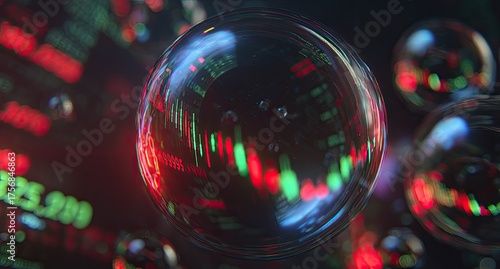 Reflective bubbles showing a red and green stock market graph on a blurred, dark background