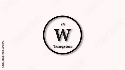Tungsten element icon animation. Atomic number 74, Chemical symbol W, on white background 4k video.