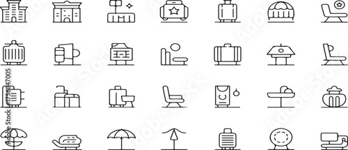 outdoor, leisure, travel, vacation, tourism, line icons, vector set, camping, beach, summer, holiday, luggage, suitcase, tent, picnic, trash can, garbage, fire pit, grill, vector illustration icon