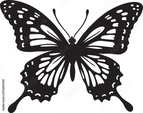 Black silhouette of a butterfly with patterned wings