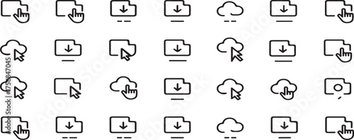 cloud transfer, file management, line icons, vector set, upload, download, document, digital data, cloud computing, server, file, technology, storage, data access, internet, networking, online service