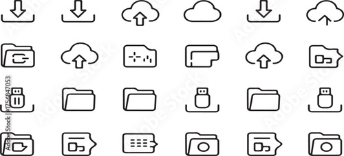cloud storage, data management, line icons, vector set, file transfer, download, upload, cloud computing, server, folder, document, digital file, backup, sync, technology, database, networking, intern