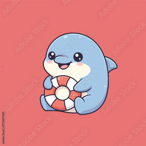 A cute cartoon dolphin with big eyes and a happy smile holds a red and white striped life preserver against a coral-colored background.