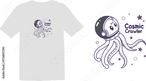 Cute Cosmic Crawler Octopus T-shirt Design with Astronaut Helmet and Space Theme