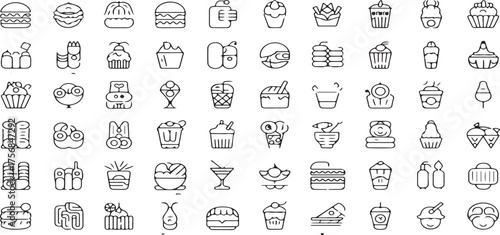 food icons, dessert, sweet food, line icons, vector set, fast food, bakery, pastry, sweets, snack, beverage, ice cream, cupcake, cake, doughnut, coffee, tea, chocolate, candy, cookies, milkshake, juic