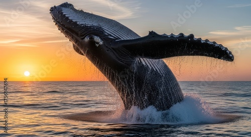 Humpback whale breaching the ocean's surface during a radiant sunset spectacle at dusk