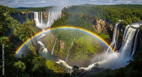 Majestic waterfalls cascading amidst lush greenery, adorned with a vibrant and colorful rainbow arc