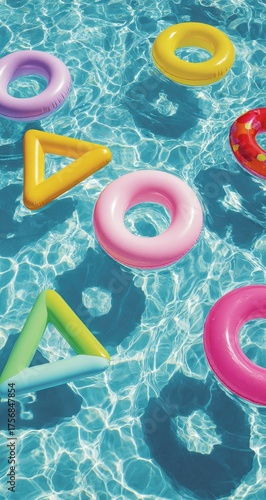 Colorful inflatable toys of various geometric shapes float in a shimmering pool