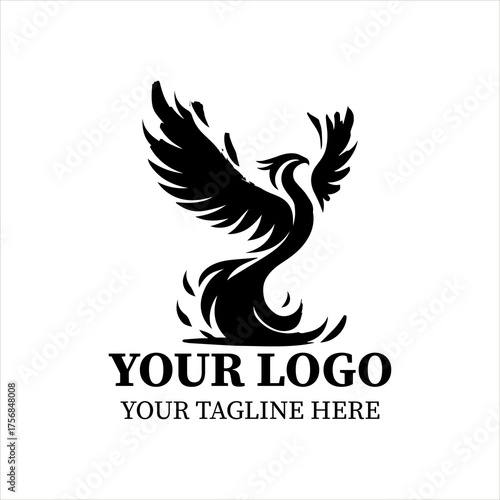 Elegant Phoenix Logo Vector – Minimalist Black Silhouette of Mythical Bird Rising from Flames, Flat 2D Design for Branding, Rebirth, and Luxury Concepts.