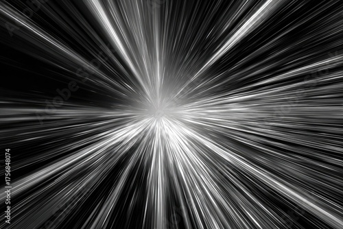 A black and white image depicts light bursting outward from a central point