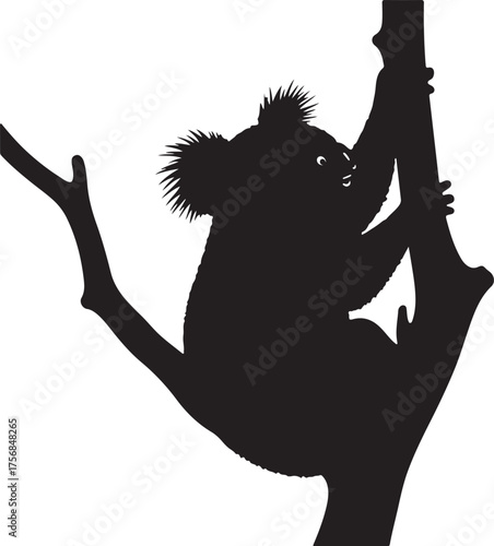 Black silhouette of a koala climbing a tree animal