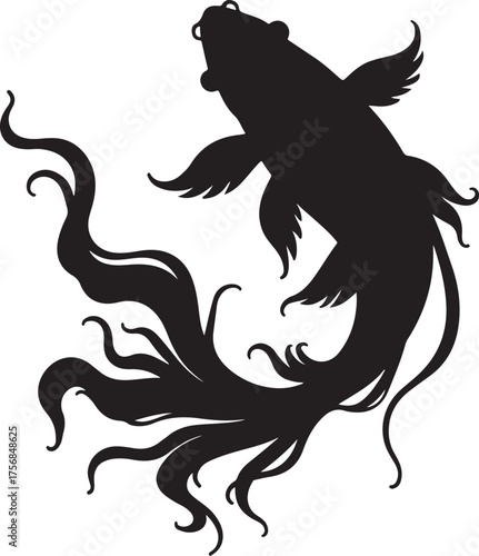 Black silhouette of a koi fish with flowing fins and tail