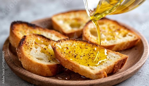 slices of toasted bread with a drizzle of extra virgin olive oil (EVOO)