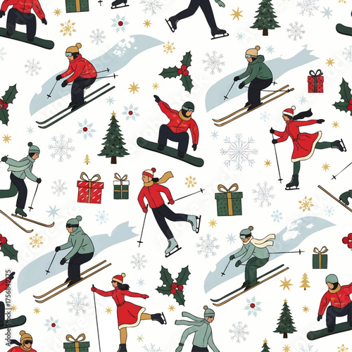 Seamless pattern featuring skiers, snowboarders, ice skaters, Christmas trees, gifts, holly, and snowflakes on a white background.