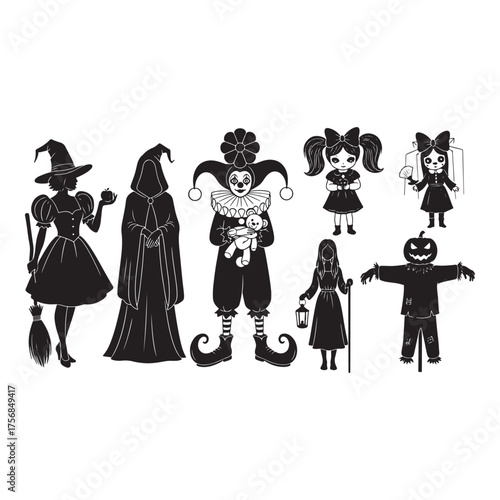 Collection of spooky halloween silhouettes featuring witches clowns scarecrow and dolls
