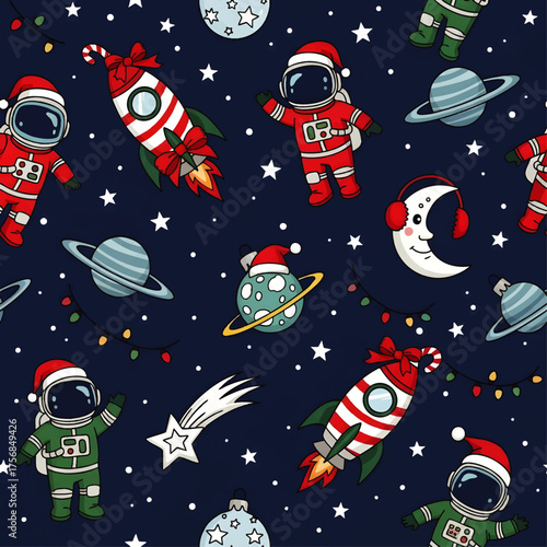 Festive space-themed pattern featuring astronauts, rockets, planets, and celestial Christmas decorations.