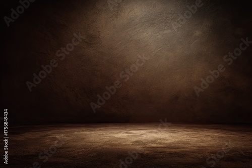 Fototapeta Naklejka Na Ścianę i Meble -  A textured, dimly lit studio space with a gradient of browns. Light illuminates center