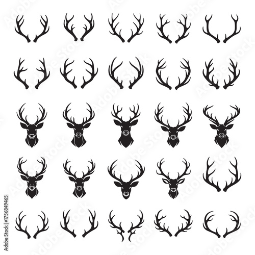 Collection of diverse deer antlers and stylized deer head silhouettes for graphic design