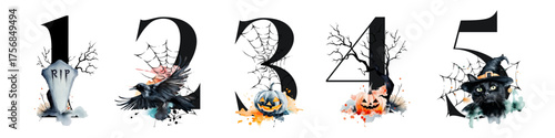 Halloween numbers with watercolor illustrations