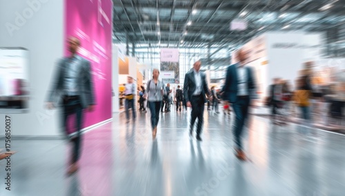 Blurred shot of many people walking in a large indoor exhibition hall