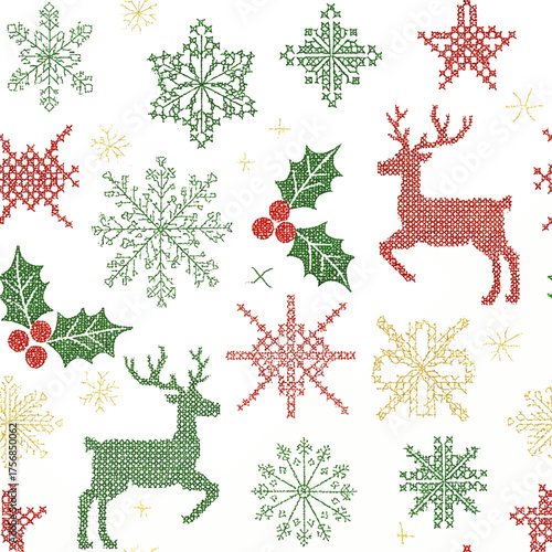 Seamless Christmas pattern featuring cross-stitched snowflakes, reindeer, and holly leaves in red, green, and gold on a white background.