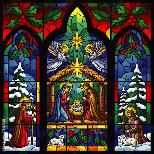 Stained-glass depiction of the Nativity scene with angels, holy family, and winter elements.