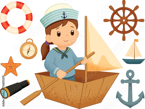 A Happy Girl Wearing Sailor Costume Sailing in Her Handmade Cardboard Boat