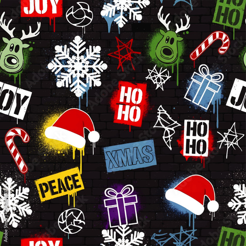 Festive graffiti-style Christmas pattern featuring reindeer, snowflakes, gifts, and holiday text on a brick wall background.
