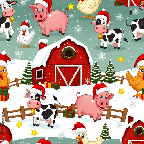 Seamless Christmas pattern featuring cartoon farm animals wearing Santa hats in a snowy landscape with a red barn, gifts, and snowflakes.