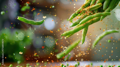 Fototapeta Naklejka Na Ścianę i Meble -  Fresh Green Beans with Spices Flying in Kitchen with Dynamic Bokeh Background and Vibrant Colors