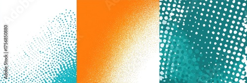 Three panels with abstract designs a dotted curve, a gradient, and a halftone pattern