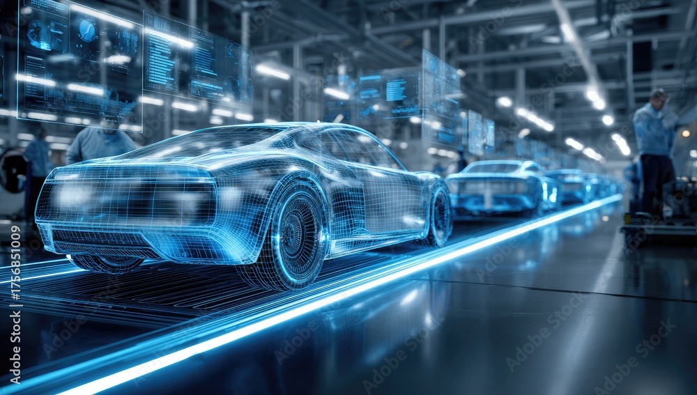Fototapeta premium Futuristic view of a car assembly line featuring digital overlays and workers in a factory setting