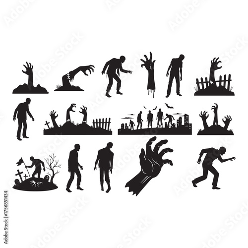 Collection of silhouette icons representing various zombie poses and actions on a white background
