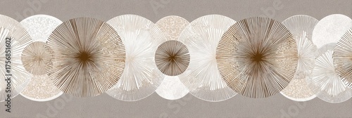 Abstract geometric design featuring layered circles with radial patterns in neutral, earthy tones