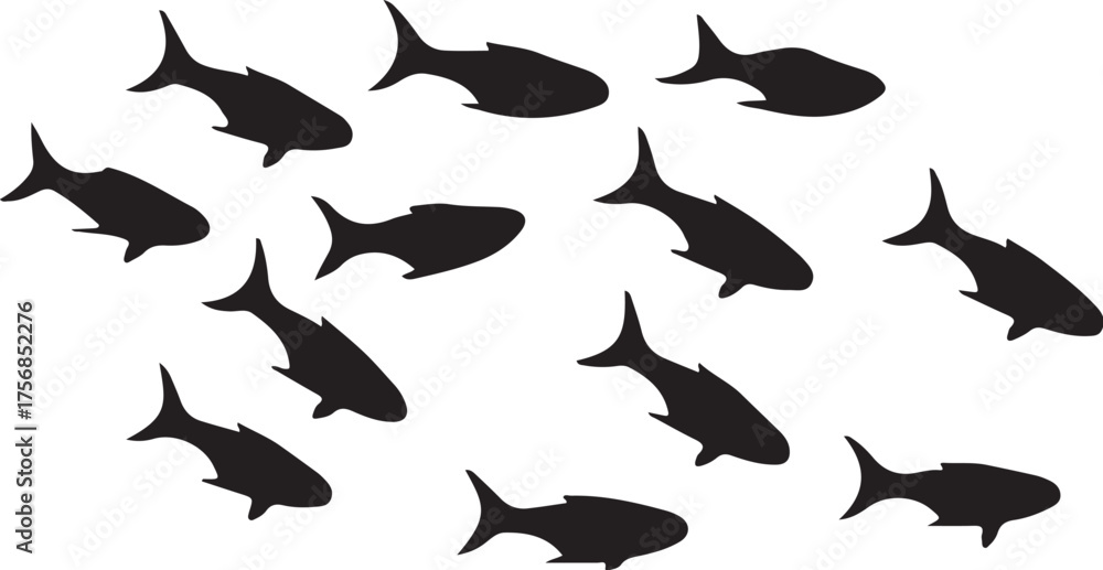 Fototapeta premium Black silhouette school of fish swimming white background