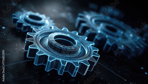 Close-up view of three interconnected wireframe gears set against a dark, textured background