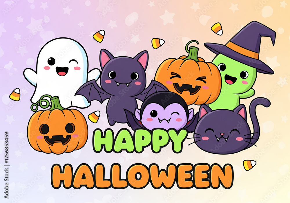 Fototapeta premium cute happy halloween cartoon background with ghost pumpkin bat witch and cat illustration