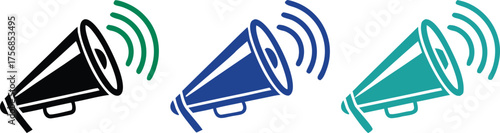 Vector art of three megaphones in black, blue, and teal, emitting sound waves