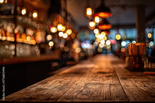 A dimly lit wooden bar with blurred background details of bottles, lights, and seating