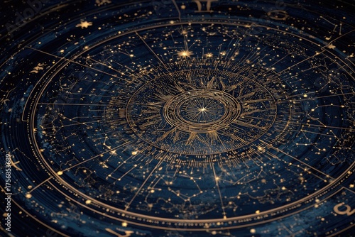 An intricate astrological chart glows with constellations, circles, and zodiac symbols against a dark background