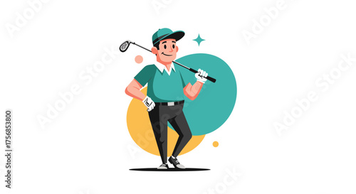 A happy golfer holding a golf club over his shoulder on a white background.