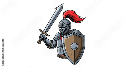 A valiant knight in shining armor holding a sword and shield ready for battle.