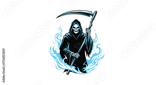 The grim reaper emerges from ethereal blue flames carrying his scythe.