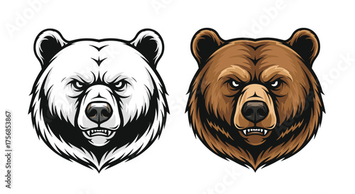 Illustrations of ferocious grizzly bear heads in monochrome and full color.
