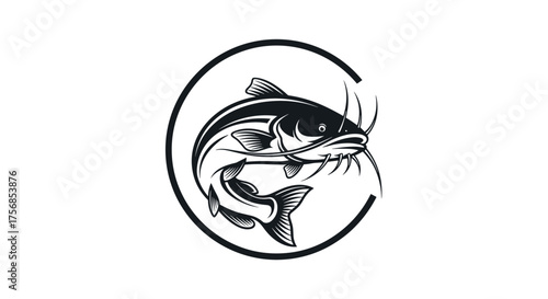 A detailed illustration of a catfish swimming inside a circular border.